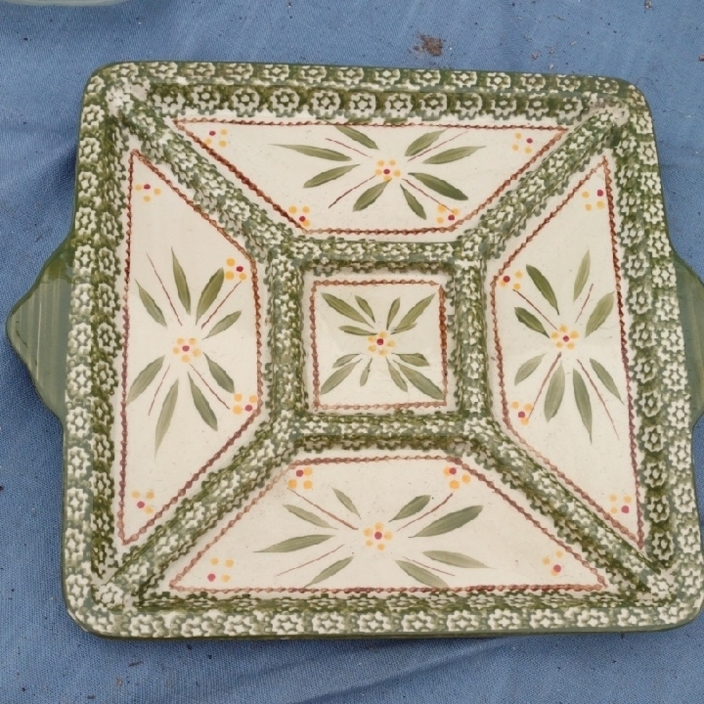 Tara Handcrafted Green and Cream Ceramic Serving Platter
